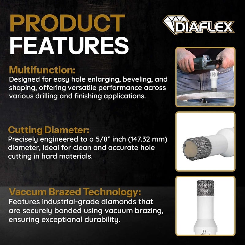DIAFLEX Premium Brazed Core Bit – 5/8" Diamond Hole Saw for Porcelain, Ceramic, Stone, Dekton – 5/8"-11 Thread – Fast Clean Cuts – Vacuum Brazed – Wet or Dry Use - Image 4